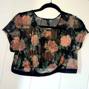 torrid Black Sheer Floral Crop Top with Peach Roses